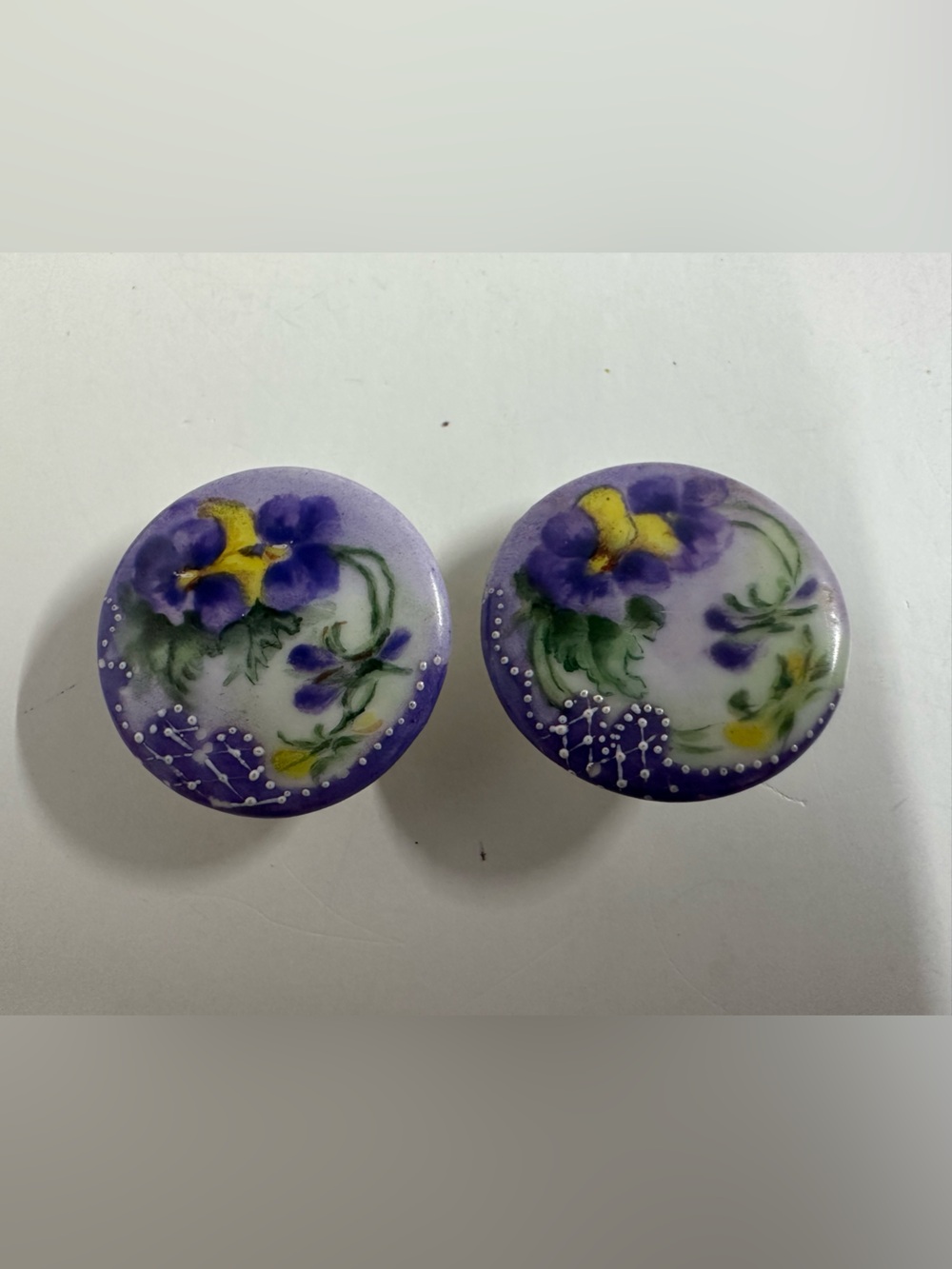 Hand-Painted Purple Pansy Ceramic Buttons - Pair